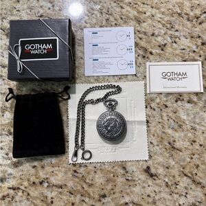 New Gotham Pocket Watch Antique Silver Tone Horse Design Day Date Quartz Covered